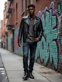 sharp and trendy man in New York City wearing a leather jacket, jeans, and boots with urban graffiti in the background