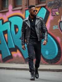 sharp and trendy man in New York City wearing a leather jacket, jeans, and boots with urban graffiti in the background