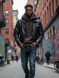 sharp and trendy man in New York City wearing a leather jacket, jeans, and boots with urban graffiti in the background