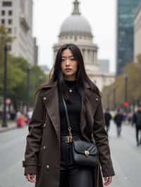 stylish and chic  woman in Buenos Aires wearing a modern street style outfit, Obelisco de Buenos Aires in the background