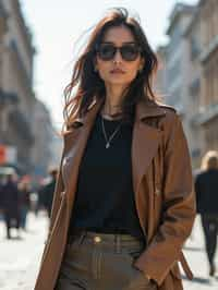 stylish and chic  woman in Buenos Aires wearing a modern street style outfit, Obelisco de Buenos Aires in the background