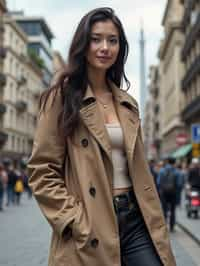 stylish and chic  woman in Buenos Aires wearing a modern street style outfit, Obelisco de Buenos Aires in the background