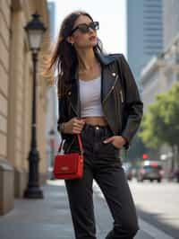 stylish and chic  woman in Buenos Aires wearing a modern street style outfit, Obelisco de Buenos Aires in the background