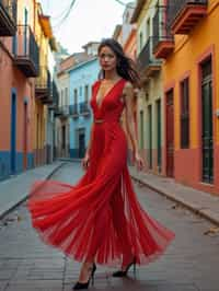 stylish and chic  woman in Buenos Aires wearing a tango-inspired dress/suit, colorful houses of La Boca neighborhood in the background