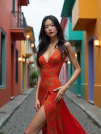 stylish and chic  woman in Buenos Aires wearing a tango-inspired dress/suit, colorful houses of La Boca neighborhood in the background