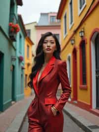 stylish and chic  woman in Buenos Aires wearing a tango-inspired dress/suit, colorful houses of La Boca neighborhood in the background