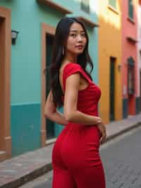 stylish and chic  woman in Buenos Aires wearing a tango-inspired dress/suit, colorful houses of La Boca neighborhood in the background