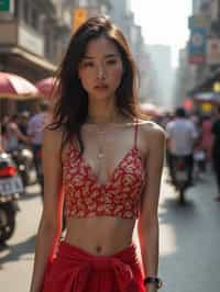 stylish and chic  woman in Mumbai wearing a contemporary fusion outfit, bustling streets of Mumbai in the background