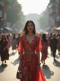 stylish and chic  woman in Mumbai wearing a contemporary fusion outfit, bustling streets of Mumbai in the background