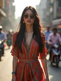 stylish and chic  woman in Mumbai wearing a contemporary fusion outfit, bustling streets of Mumbai in the background