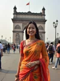 stylish and chic  woman in Mumbai wearing a vibrant saree/kurta, Gateway of India in the background