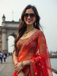 stylish and chic  woman in Mumbai wearing a vibrant saree/kurta, Gateway of India in the background