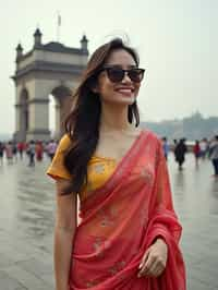 stylish and chic  woman in Mumbai wearing a vibrant saree/kurta, Gateway of India in the background