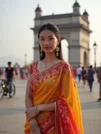 stylish and chic  woman in Mumbai wearing a vibrant saree/kurta, Gateway of India in the background