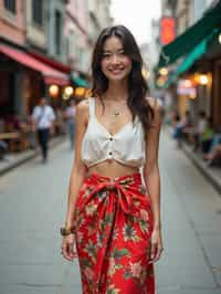 stylish and chic  woman in Thailand wearing a vibrant sarong, Bangkok in the background