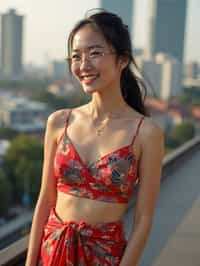 stylish and chic  woman in Thailand wearing a vibrant sarong, Bangkok in the background