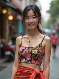 stylish and chic  woman in Thailand wearing a vibrant sarong, Bangkok in the background