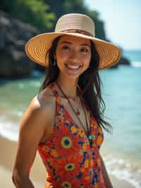 stylish and chic  woman in Bali wearing vibrant Batik clothes, Bali, Indonesia in the background