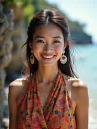 stylish and chic  woman in Bali wearing vibrant Batik clothes, Bali, Indonesia in the background