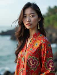 stylish and chic  woman in Bali wearing vibrant Batik clothes, Bali, Indonesia in the background