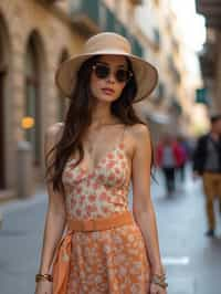 stylish and chic  woman in Barcelona wearing a stylish summer outfit, La Sagrada Família in the background