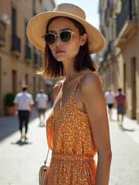 stylish and chic  woman in Barcelona wearing a stylish summer outfit, La Sagrada Família in the background