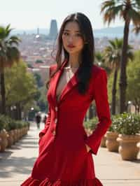 stylish and chic  woman in Barcelona wearing a flamenco-inspired dress/suit, Park Güell in the background