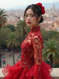 stylish and chic  woman in Barcelona wearing a flamenco-inspired dress/suit, Park Güell in the background