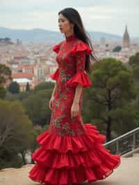 stylish and chic  woman in Barcelona wearing a flamenco-inspired dress/suit, Park Güell in the background