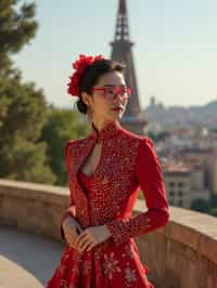 stylish and chic  woman in Barcelona wearing a flamenco-inspired dress/suit, Park Güell in the background