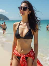 stylish and chic  woman in Rio de Janeiro wearing a trendy swimsuit and sarong, Copacabana Beach in the background