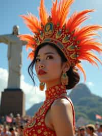 stylish and chic  woman in Rio de Janeiro wearing a vibrant carnival-inspired costume, Christ the Redeemer statue in the background