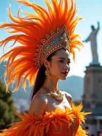 stylish and chic  woman in Rio de Janeiro wearing a vibrant carnival-inspired costume, Christ the Redeemer statue in the background