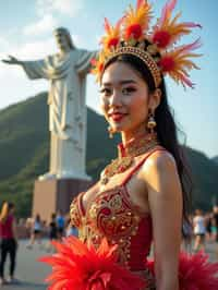 stylish and chic  woman in Rio de Janeiro wearing a vibrant carnival-inspired costume, Christ the Redeemer statue in the background