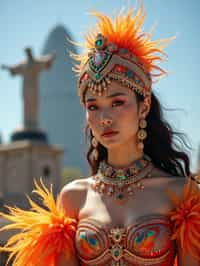 stylish and chic  woman in Rio de Janeiro wearing a vibrant carnival-inspired costume, Christ the Redeemer statue in the background