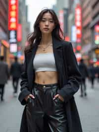 stylish and chic  woman in Shanghai wearing a contemporary streetwear outfit, Nanjing Road in the background