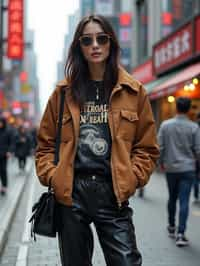 stylish and chic  woman in Shanghai wearing a contemporary streetwear outfit, Nanjing Road in the background