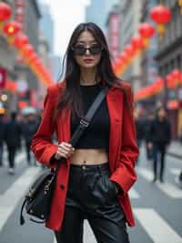 stylish and chic  woman in Shanghai wearing a contemporary streetwear outfit, Nanjing Road in the background