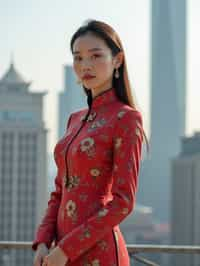 stylish and chic  woman in Shanghai wearing a traditional qipao/mandarin-collar suit, modern skyline in the background