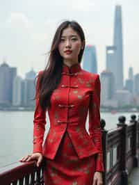 stylish and chic  woman in Shanghai wearing a traditional qipao/mandarin-collar suit, modern skyline in the background