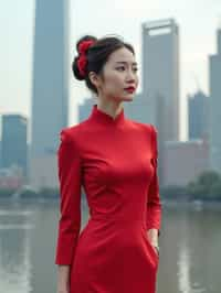 stylish and chic  woman in Shanghai wearing a traditional qipao/mandarin-collar suit, modern skyline in the background