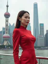 stylish and chic  woman in Shanghai wearing a traditional qipao/mandarin-collar suit, modern skyline in the background