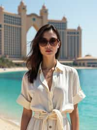 stylish and chic  woman in Dubai wearing a stylish sundress/linen shirt, the Atlantis hotel in the background