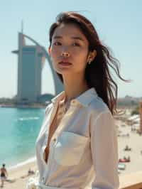 stylish and chic  woman in Dubai wearing a stylish sundress/linen shirt, the Atlantis hotel in the background