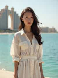 stylish and chic  woman in Dubai wearing a stylish sundress/linen shirt, the Atlantis hotel in the background