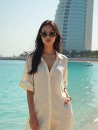 stylish and chic  woman in Dubai wearing a stylish sundress/linen shirt, the Atlantis hotel in the background