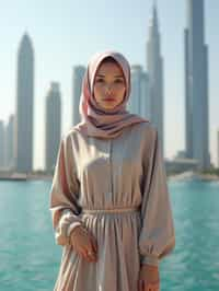 stylish and chic  woman in Dubai wearing a modern, chic abaya/thobe, skyscrapers of Dubai in the background