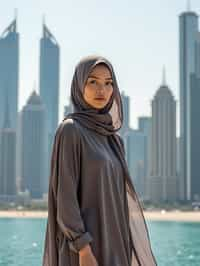 stylish and chic  woman in Dubai wearing a modern, chic abaya/thobe, skyscrapers of Dubai in the background