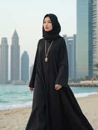 stylish and chic  woman in Dubai wearing a modern, chic abaya/thobe, skyscrapers of Dubai in the background