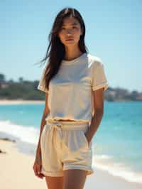 stylish and chic  woman in Sydney wearing a summer dress/shorts and t-shirt, Bondi Beach in the background